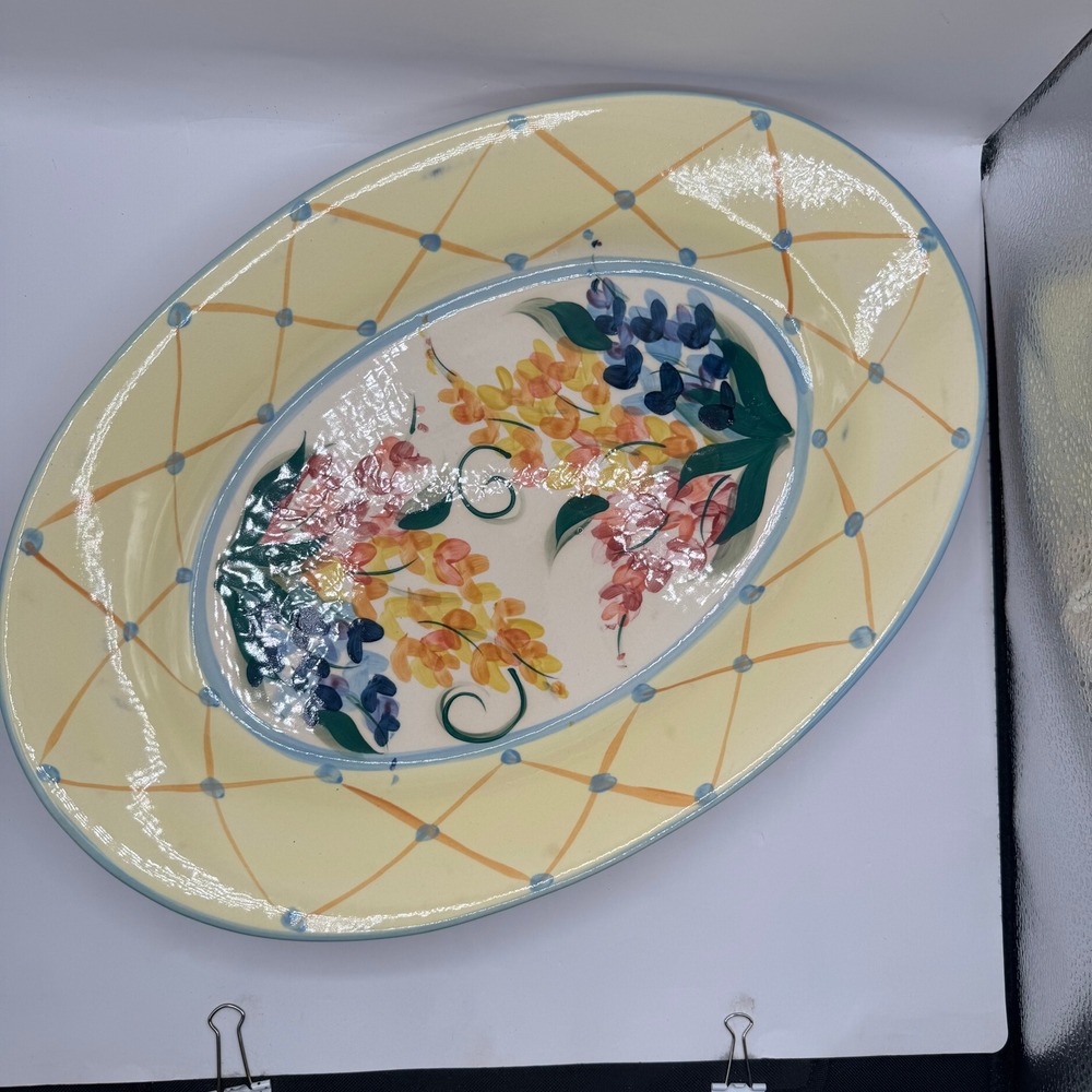 Gail Pittman Oval Serving Platter Large 18.5in Yellow Floral Lattice 1999 Signed